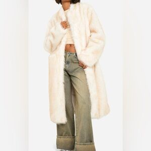 Boohoo Tall Vintage Look Faux Fur Midaxi Jacket – Ivory – NWT UK 12 US 8